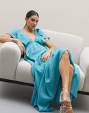 Vestido Longo Decote V com Manga Ampla  - Azul