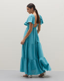 Vestido Longo Decote V com Manga Ampla  - Azul