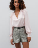 Blusa Decote V Manga Longa Bufante  - Rosa Claro