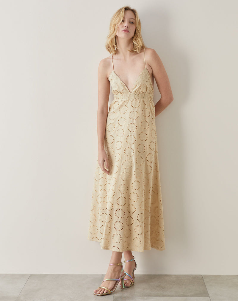 Vestido Longo de Laise Frente Única  - Natural
