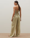 Calça Wide com Cós Largo Bordado  - Verde Claro