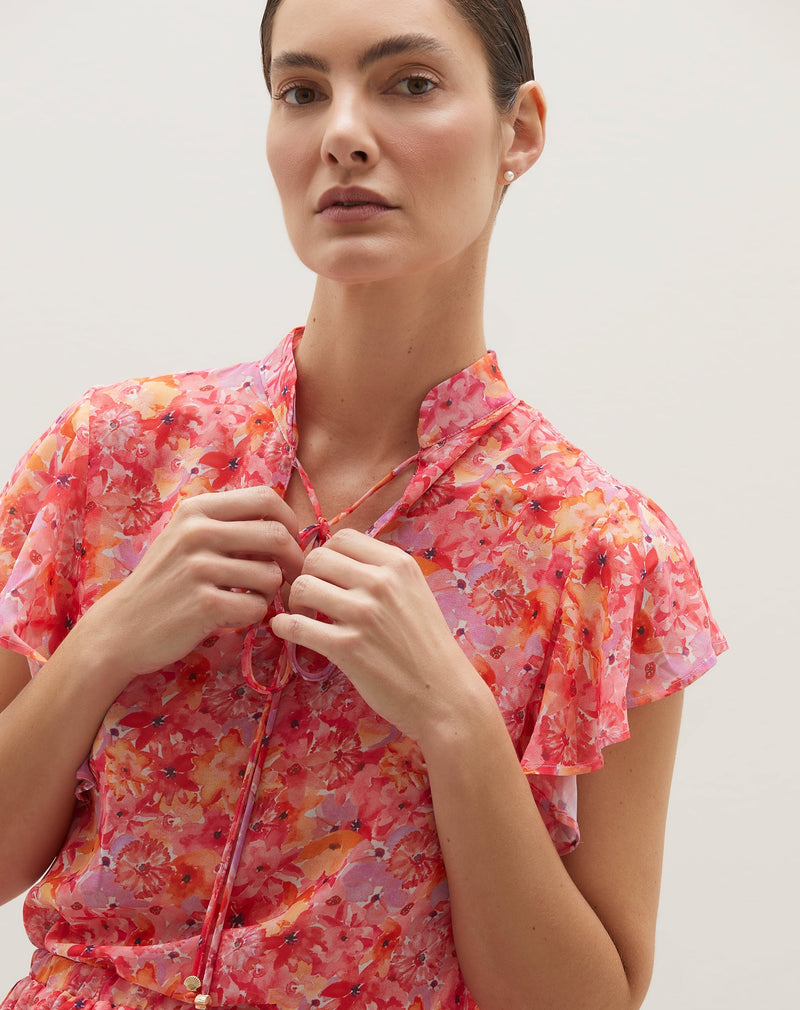 Regata Estampada com Manga de Babados e Amarração - Watercolor Splash Flowers