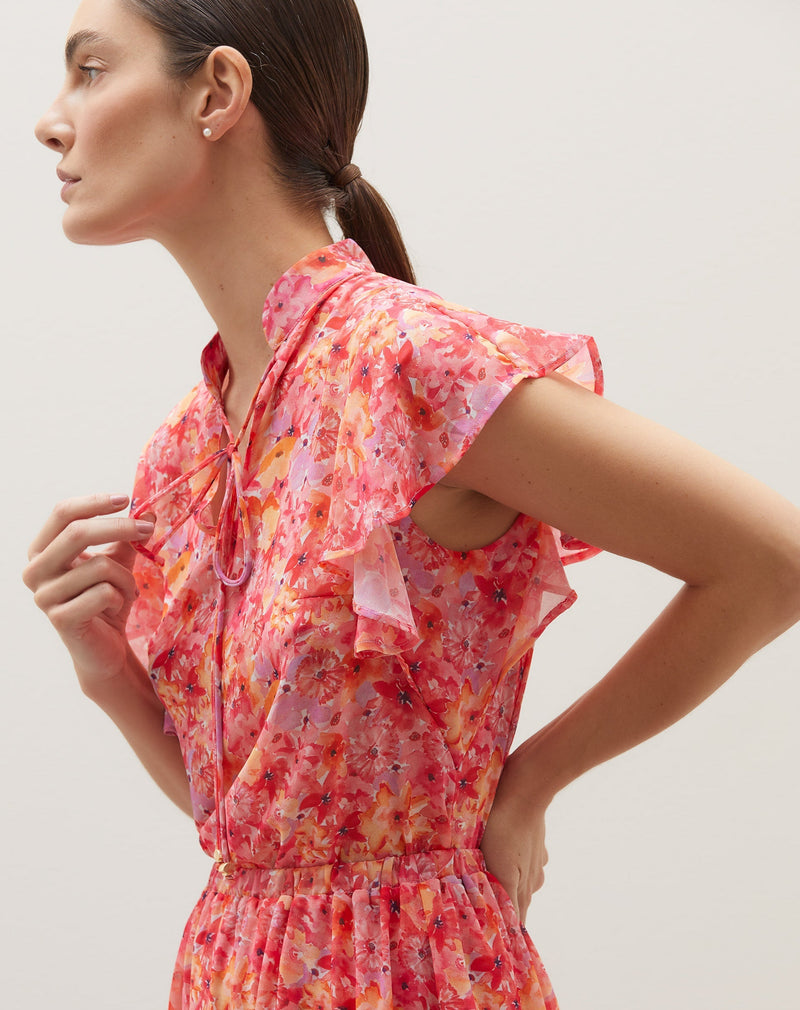 Regata Estampada com Manga de Babados e Amarração - Watercolor Splash Flowers