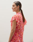 Regata Estampada com Manga de Babados e Amarração - Watercolor Splash Flowers