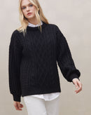 Suéter Manga Longa de Tricot Trançado - Preto