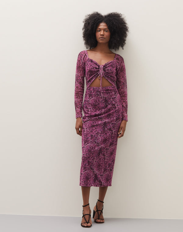 Vestido Manga Longa Tule Estampado - Watercolor Orchid