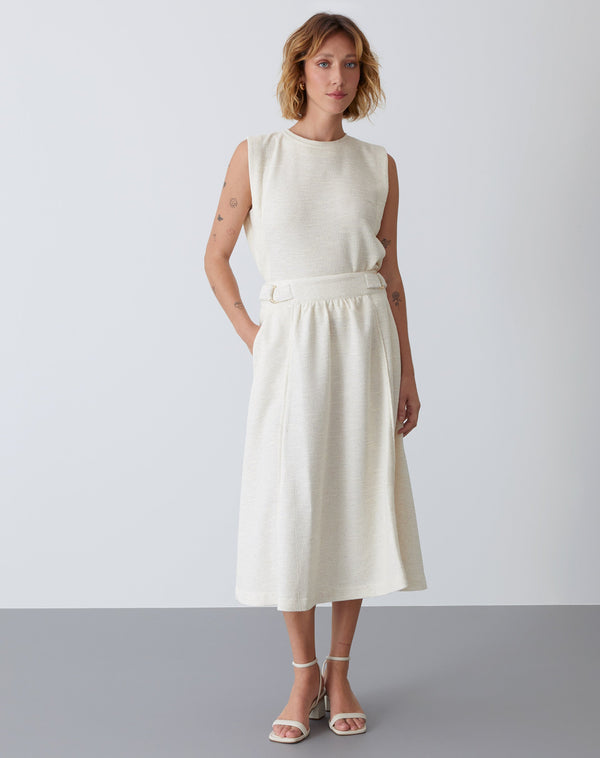 Saia Midi de Malha Detalhe no Cós  - Cru