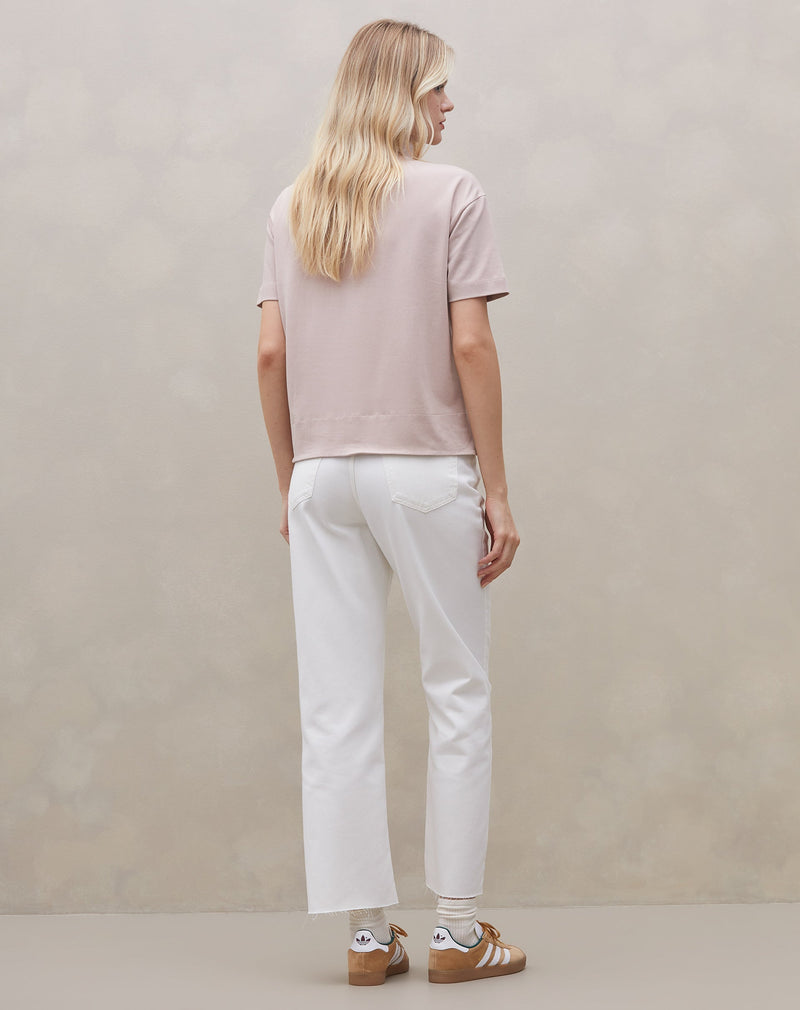 Camiseta Gola Alta Barra Larga de Malha - Bege