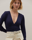 Body de Malha Decote V com Busto Franzido - Azul Marinho