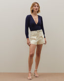 Body de Malha Decote V com Busto Franzido - Azul Marinho