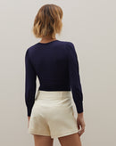 Body de Malha Decote V com Busto Franzido - Azul Marinho