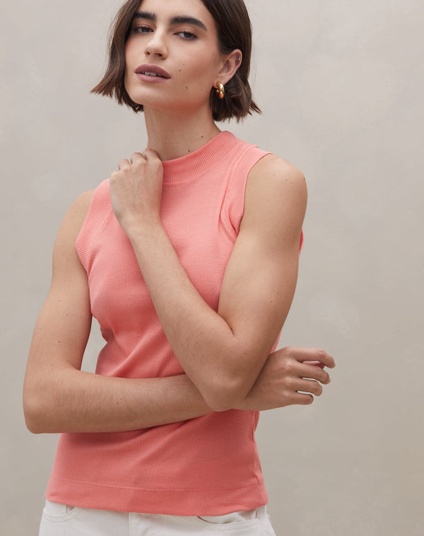 Regata de Malha Canelada com Gola Alta - Coral