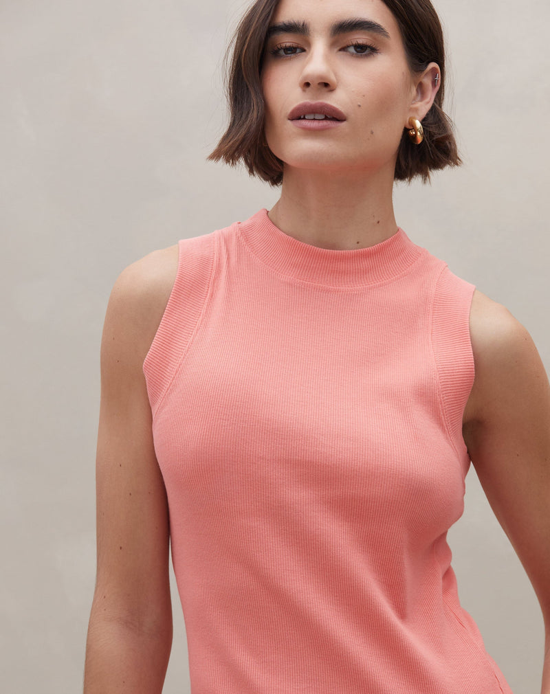 Regata de Malha Canelada com Gola Alta - Coral