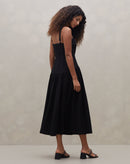 Vestido Midi de Alça com Saia Franzida - Preto