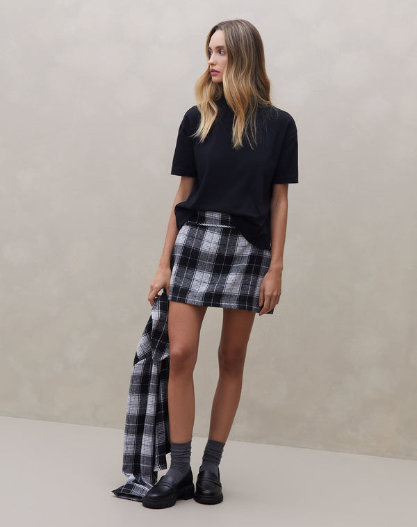 Mini Saia com Recortes Alfaiataria Xadrez - Preto