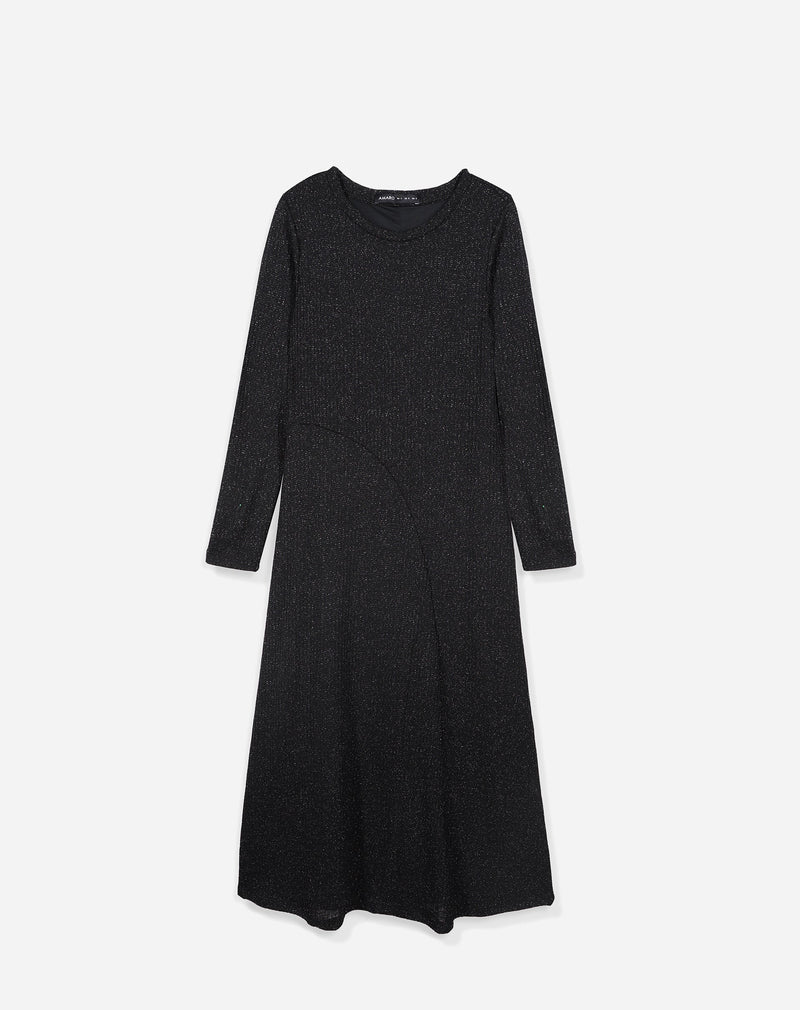 Vestido Midi Manga Longa de Malha com Brilho - Preto