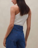 Calça Reta com Recorte Jeans - Azul Claro