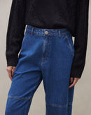 Calça Reta com Recortes Jeans - Azul Médio