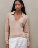 Blusa de Tricot Decote Profundo com Gola - Bege