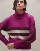 Suéter Gola Alta de Tricot Listrado - Rosa Escuro