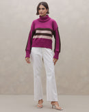 Suéter Gola Alta de Tricot Listrado - Rosa Escuro