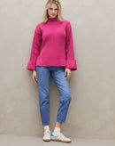 Suéter com Punho Virado de Tricot Canelado - Rosa Escuro