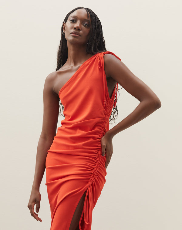 Vestido Midi Um Ombro Só com Ajuste Lateral - Laranja