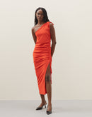 Vestido Midi Um Ombro Só com Ajuste Lateral - Laranja