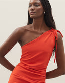 Vestido Midi Um Ombro Só com Ajuste Lateral - Laranja