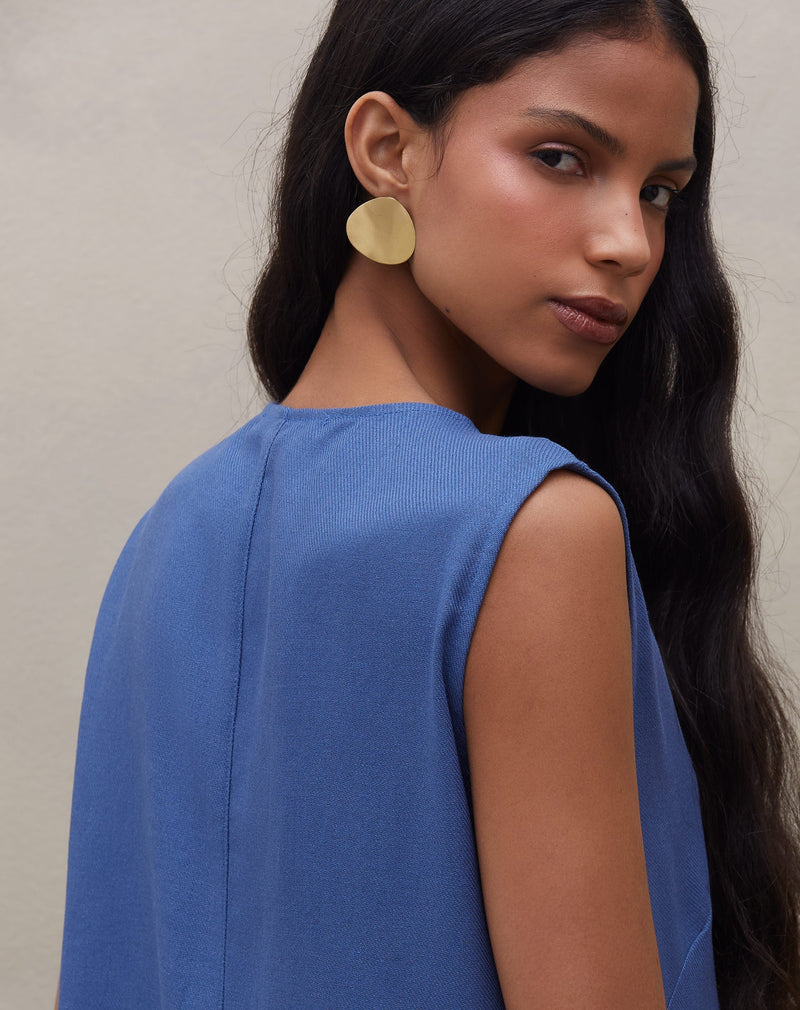 Vestido Decote V de Linho - Azul Médio