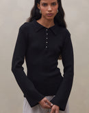 Blusa Manga Longa Gola Polo de Tricot - Preto