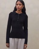 Blusa Manga Longa Gola Polo de Tricot - Preto