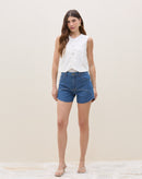 Shorts com Recortes Jeans - Azul Médio