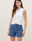 Shorts com Recortes Jeans - Azul Médio