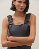 Vestido Curto Alça Franzida de Pu - Preto