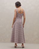 Vestido Midi Alongado Evasê Decote Quadrado - Caramelo