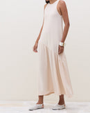 Vestido Mídi com Recorte Assimétrico de Malha Canelada - Bege