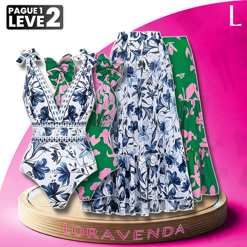 [Pague 1, Leve 2] Conjunto Luna Floral com Maiô e Saia em Poliéster e Elastano com Alças Ajustáveis