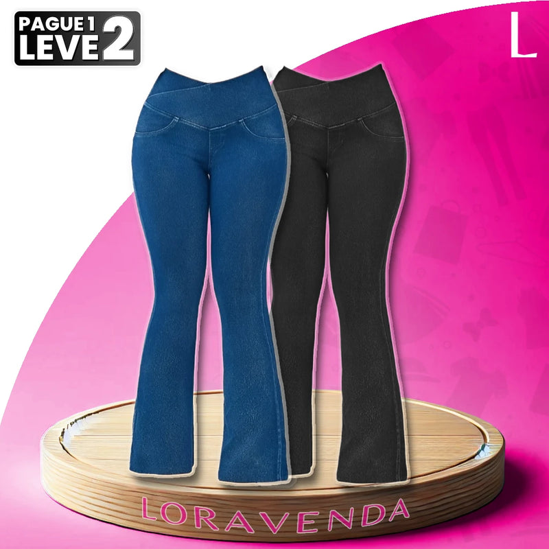[Pague 2, Leve 3] Calça Jeans Feminina Lady Flare de Cintura Alta em Algodão e Poliéster
